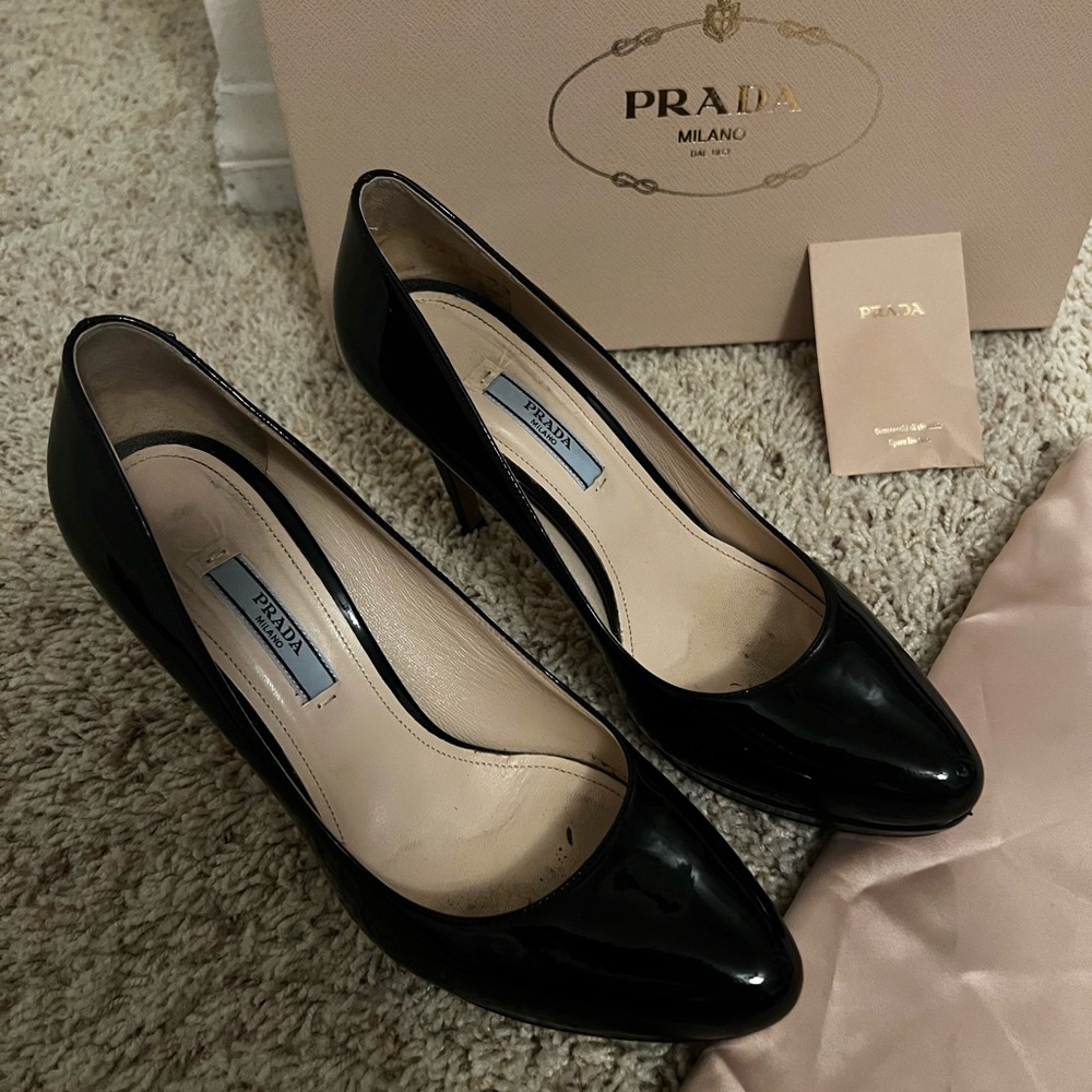 AUTH PRADA SAFFIANO PUMPS SHOES 1IP079 BLACK LEATHER NEW US 7.5